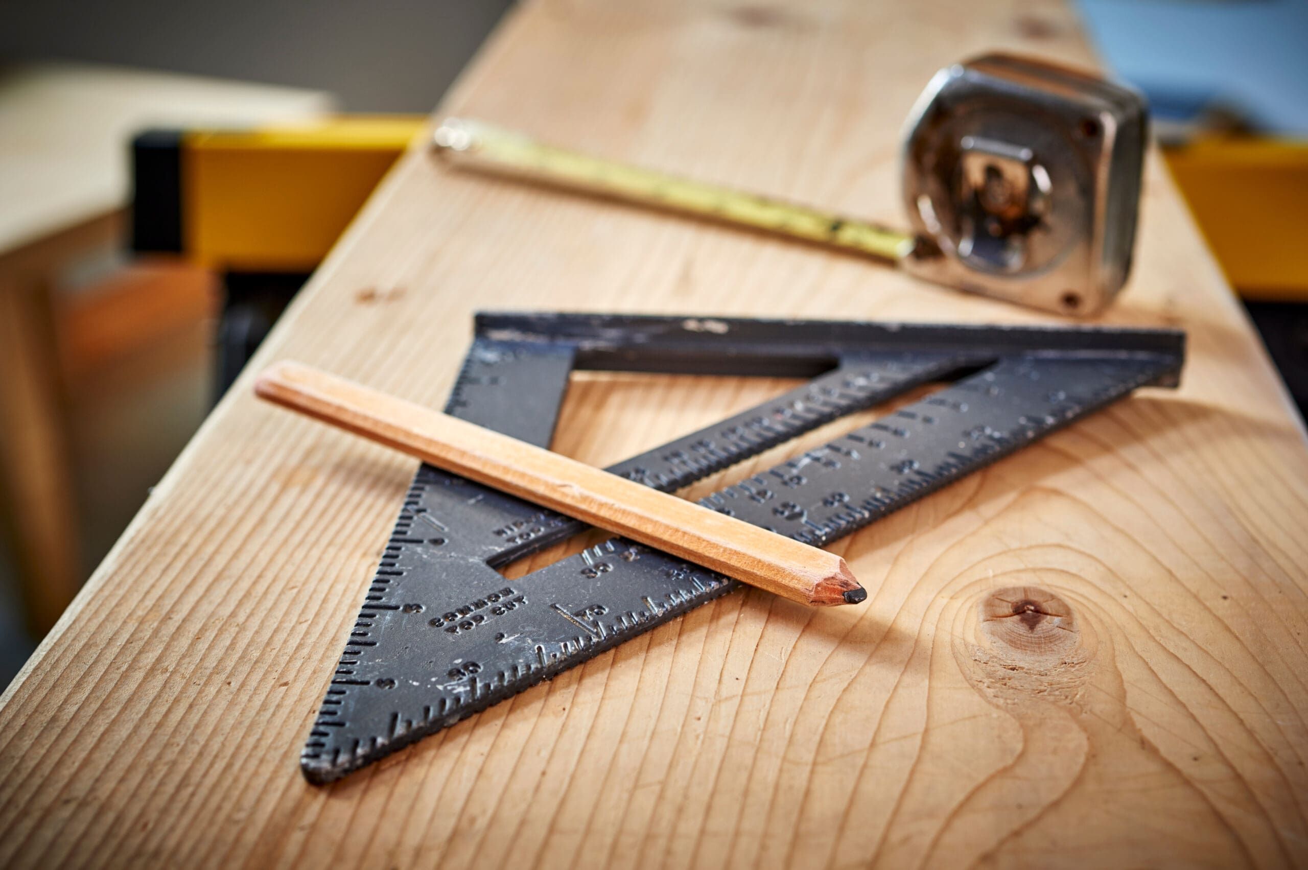 A carpenter's square, pencil, and tape measure are on a wooden plank. The tools are used for measuring and marking during woodworking projects. The scene indicates preparation or ongoing work in carpentry or construction.