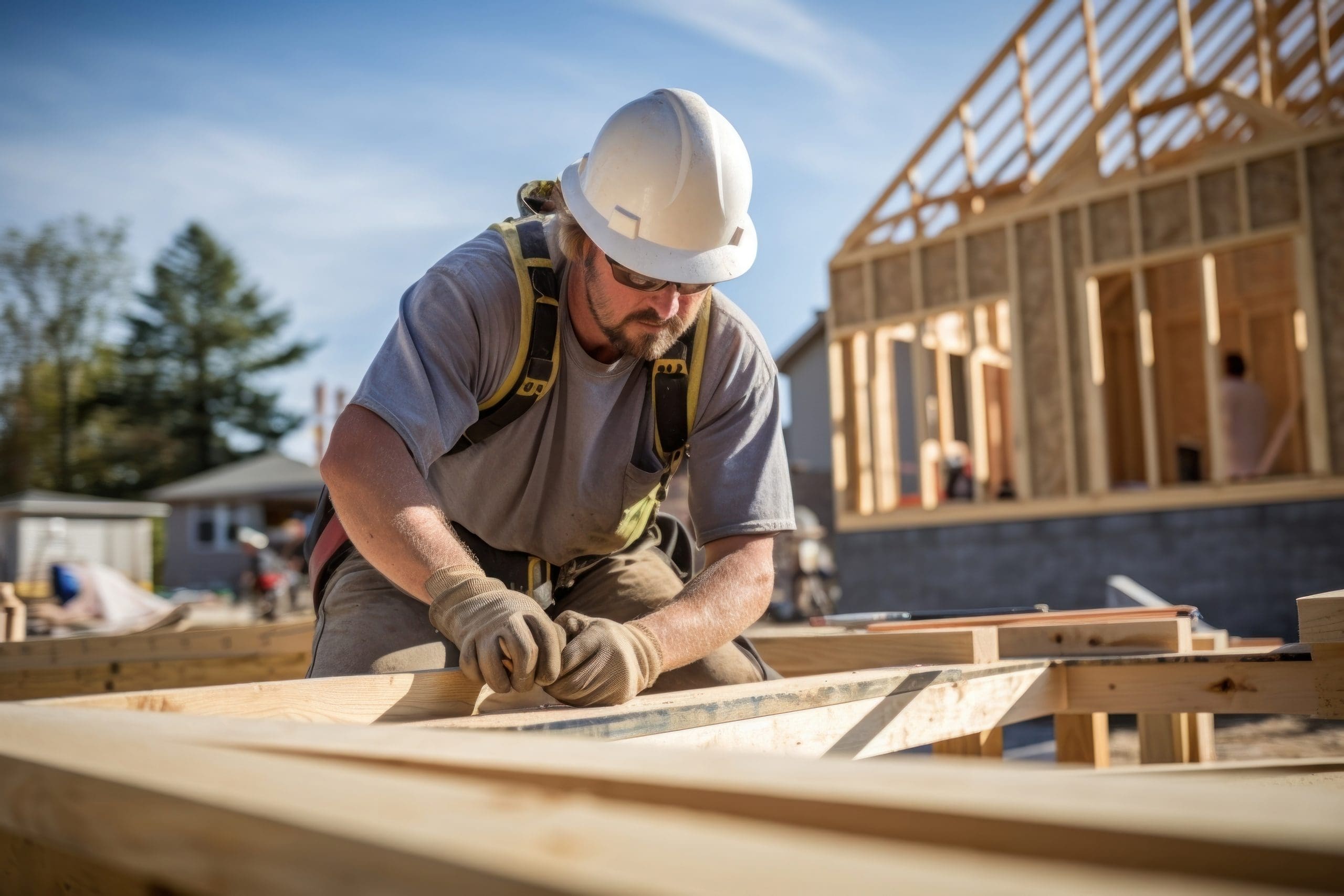 A construction worker wearing a white hard hat, safety glasses, and gloves uses a tool on wooden beams at a house construction site, with a partially built house structure visible in the background under a blue sky.