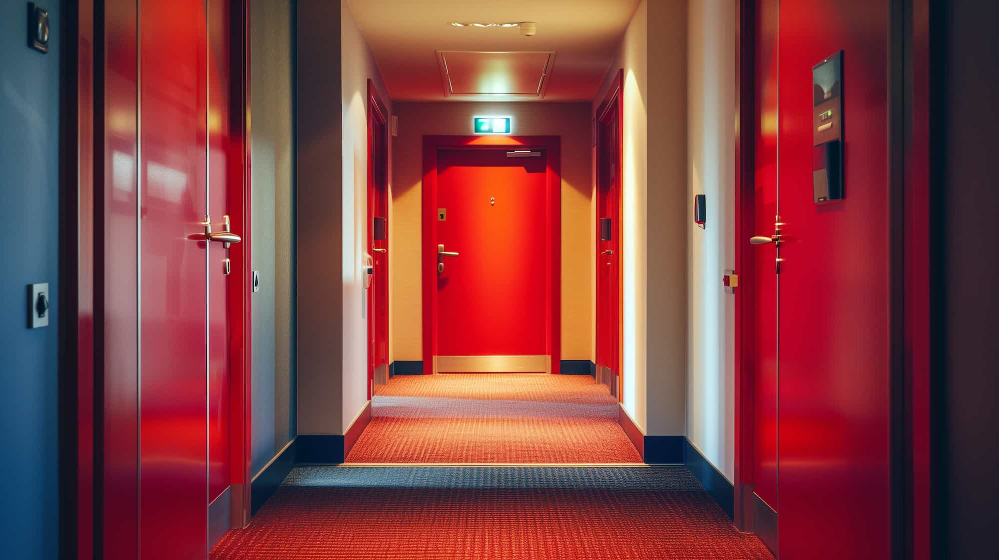 A brightly lit hallway with red doors on both sides, red carpet flooring, and a red door with an exit sign at the end of the corridor. The walls are light-colored, creating a bold contrast with the red accents.
